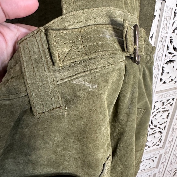 Vintage Don't Stop Genuine Suede Leather Olive Green Khaki Short Overalls Sz XS - Picture 7 of 9